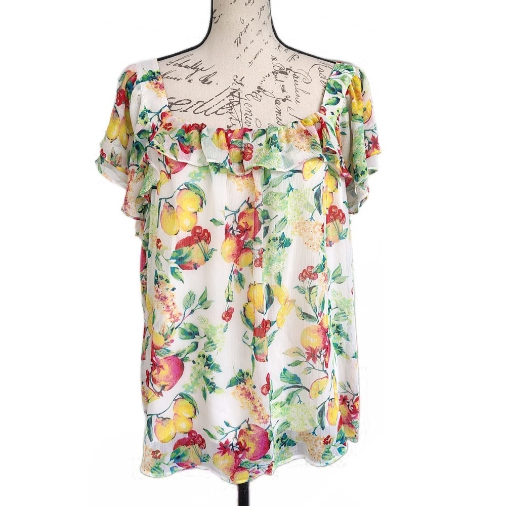 Lauren Conrad Market Blooms‎ Fruit Print Summer Top XL Ruffle Chiffon Country
